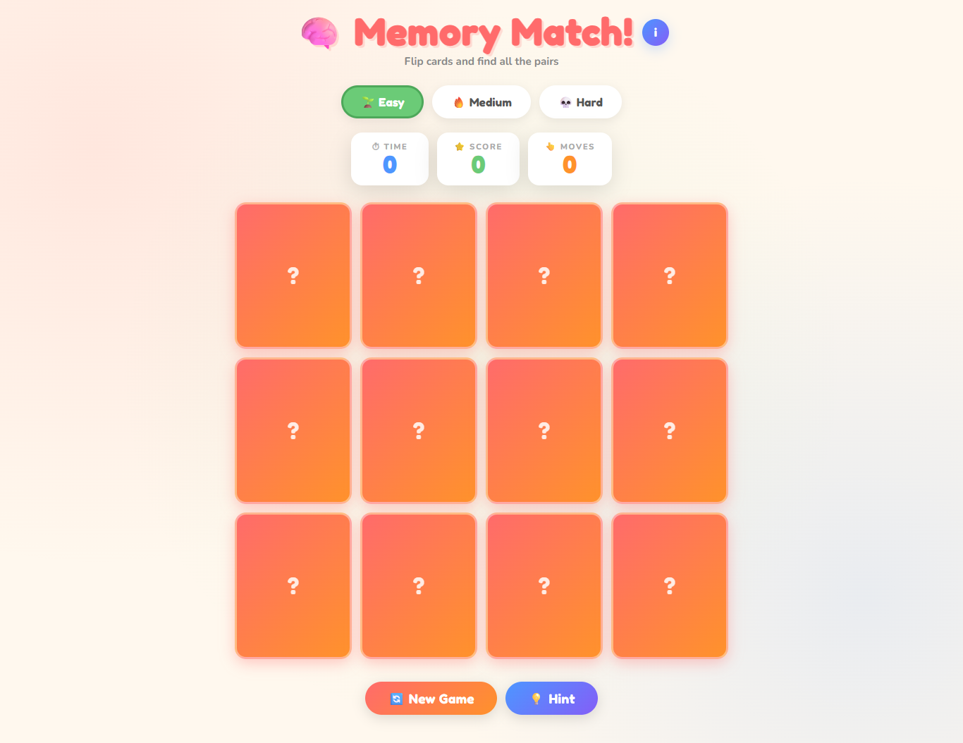 Memory Match card game desktop interface
