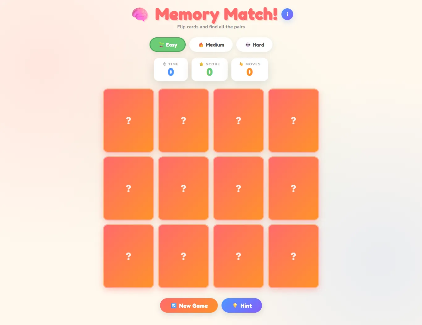 Memory Match card game desktop interface