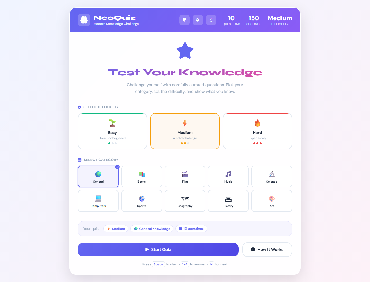 NeoQuiz quiz application desktop interface