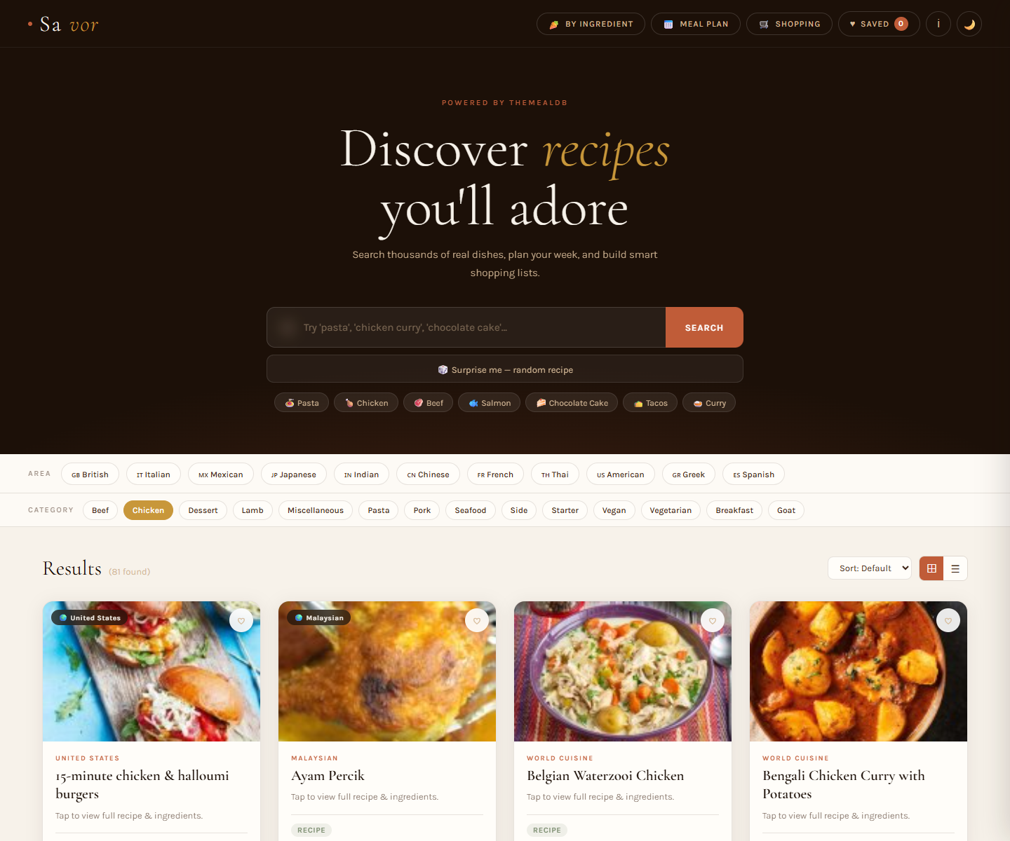 Savor recipe finder desktop interface