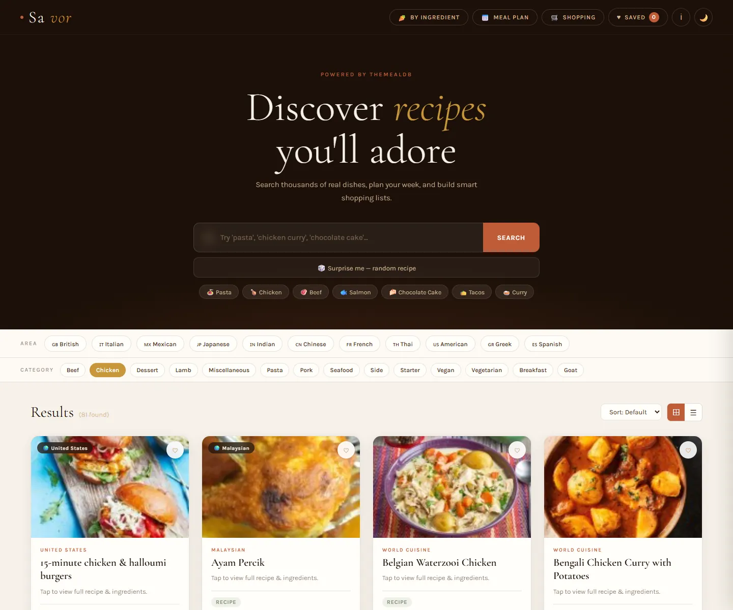 Savor recipe finder desktop interface